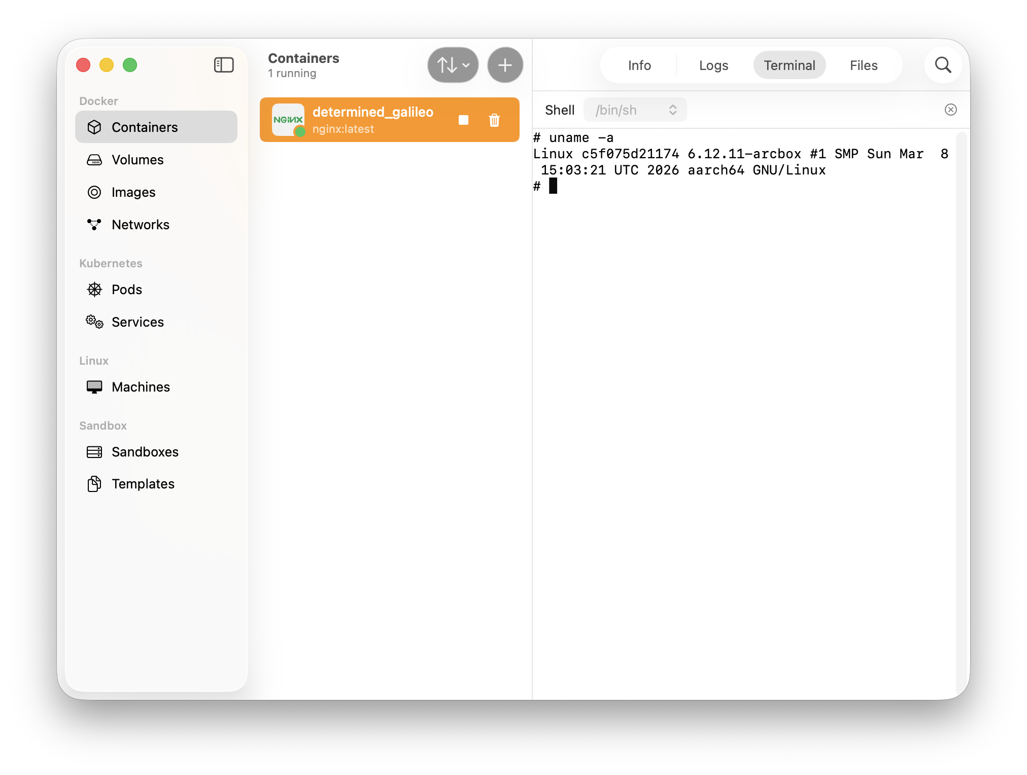 ArcBox Desktop running an nginx container with a terminal session